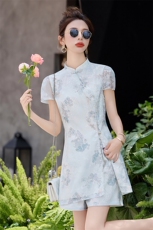 新中式国风改良旗袍连衣裙两件套2025夏季爆款洋气减龄短裤套装女，女装套装/套裙，众宇琦