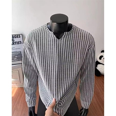 美式高街千鸟格子长袖T恤男女亨利V领英伦雅痞休闲宽松长袖打底衫，男装T恤，电商A443