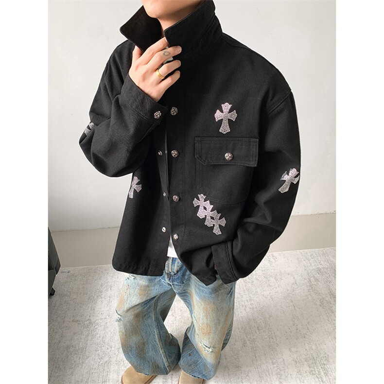 得物品质秋款男牛仔夹克衫十字架烫钻宽松外套JK1076P85,男装夹克,星座1013-1