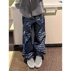 美式复古字母印花水洗做旧高街微喇牛仔裤男女直筒裤子，男装牛仔裤，星座506A
