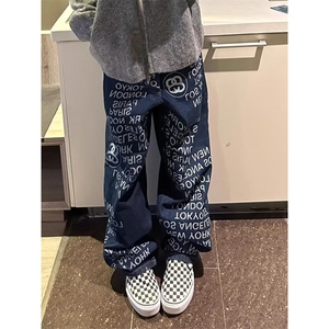 美式复古字母印花水洗做旧高街微喇牛仔裤男女直筒裤子图片