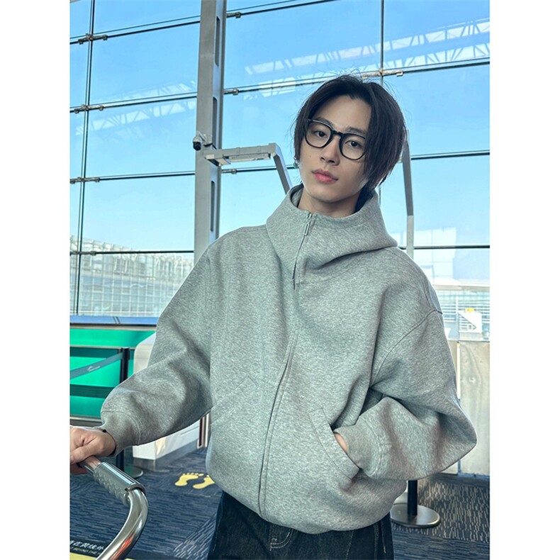 抖音得物二开 秋冬美式高街重磅结构高领拉链连帽卫衣外套W93图片