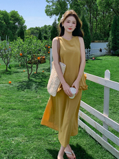 黄色度假浪漫风套装裙女2025夏季甜美气质木耳边背心半身裙两件套，女装套装/套裙，浙宝220