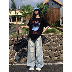 美式复古青少年破洞牛仔裤男女秋季高街设计感直筒宽松显瘦阔腿裤，男装牛仔裤，星座813-2