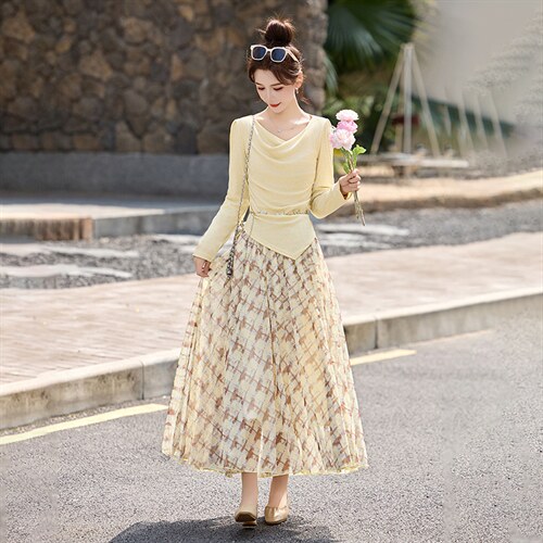 现货现货网纱格子半身裙女收腰2026春装新款超火穿搭一整套裙，女装套装/套裙，伊仟回