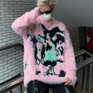 嘻哈仿貂毛毛绒毛衣男秋冬马海毛宽松慵懒加厚针织朋克风上衣P65图片