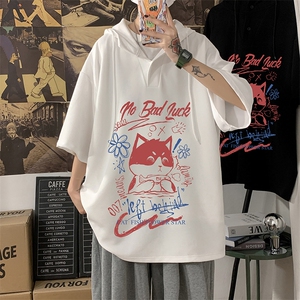 LD54226-P45 连帽短袖t恤男大码胖子带帽五分袖中袖图片