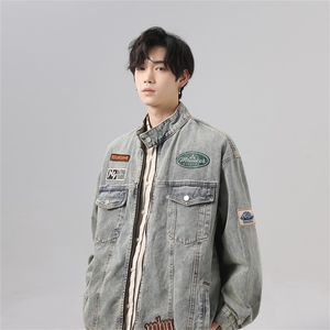 2024潮牌机车风绣标牛仔外套男美式复古做旧翻领棒球服JK1020-P95图片