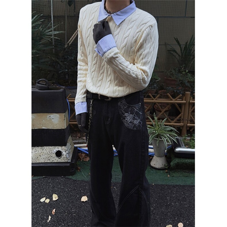 绞花假两件拼接条纹polo领毛衣男老钱风针织衫外套MY407,男装Polo衫,星座1116A（原606A-3）