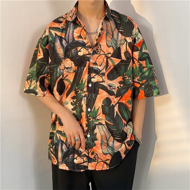 港味短袖花衬衫男夏季潮流潮牌痞帅bf夏威夷沙滩衬衣CY438-P26,男装衬衫,星座412-3