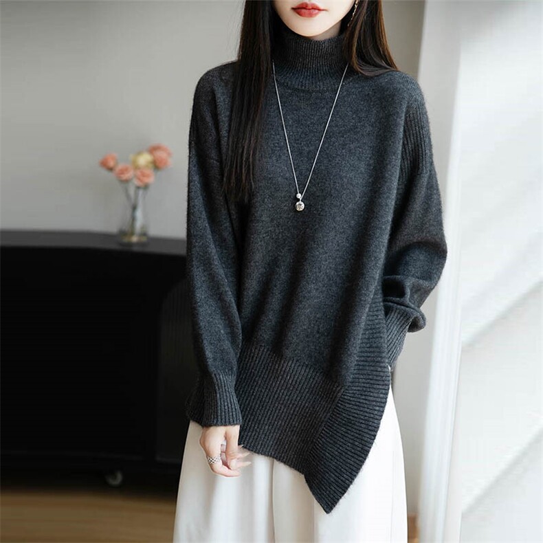 韩系高级感高领毛衣女秋冬新款开叉宽松韩版中长款时尚显瘦针织衫，女装羊毛衫，暖绒情旗舰店