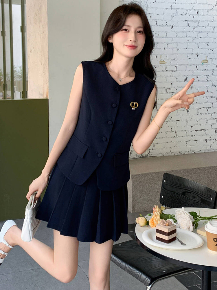 英伦风藏青色无袖马甲半身裙套装女夏大方得体流行两件套小个子,女装套装/套裙,超帛