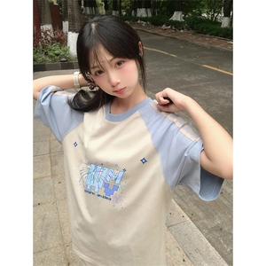 抖音得物品质二开240克宽松纯棉美式潮牌插肩三杠织带短袖T恤图片