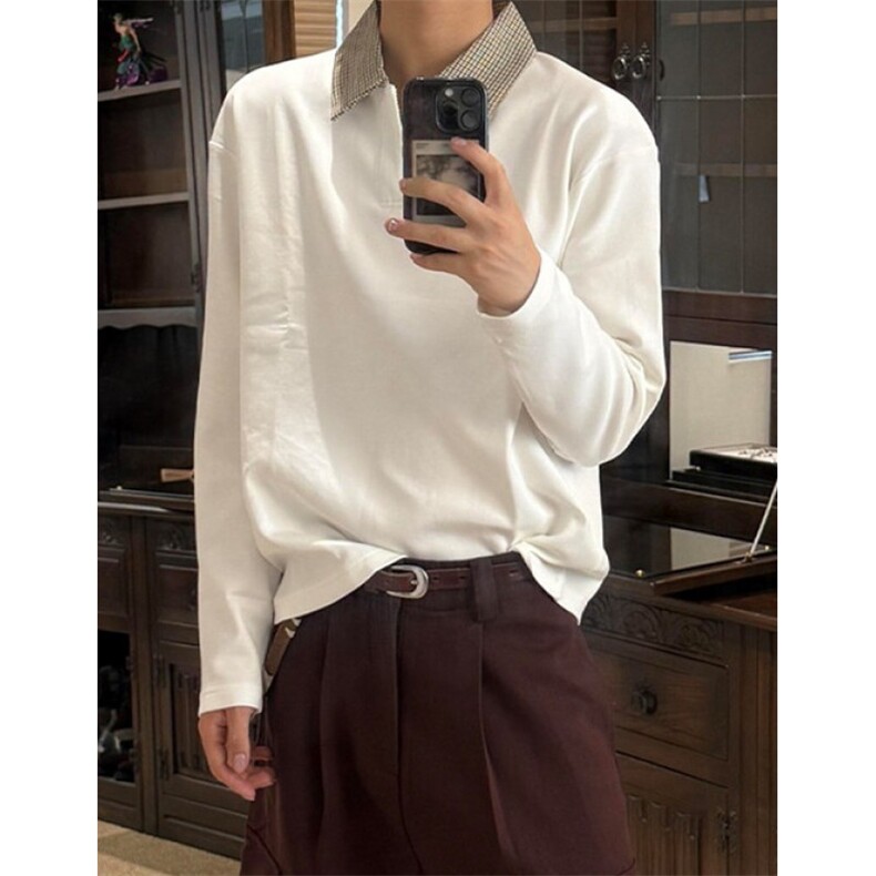 系假两件拼接格纹Polo长袖衬衫套头卫衣秋抗皱风翻领男TY501,男装衬衫,星座1116A（原606A-3）