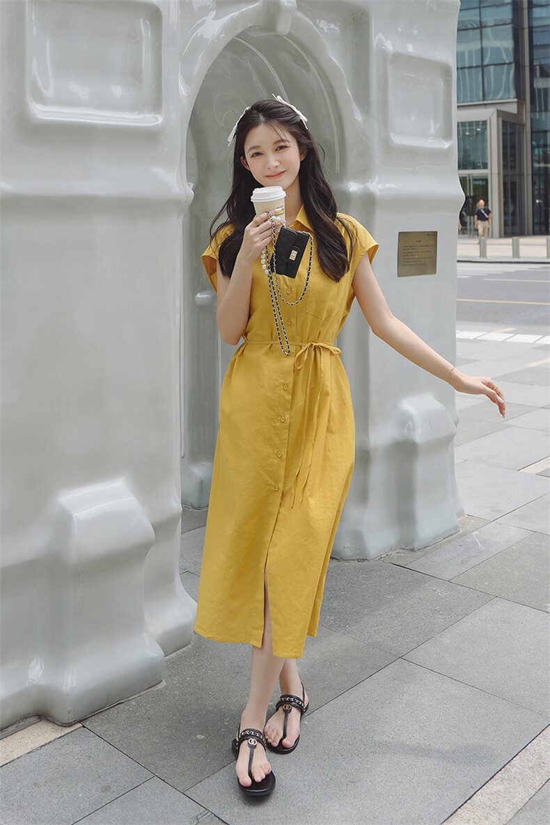黄色衬衫设计感气质衬衫连衣裙女夏季法式独特别致掐腰宽松中长裙,女装连衣裙,浙宝276（原081）