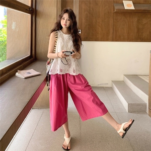 韩版镂空刺绣背心独特漂亮套装女2025夏季新款小个子阔腿裤两件套图片