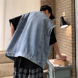 夏季牛仔马甲男春潮港风毛边坎肩背心潮流蓝色无袖外套W1993-P50图片