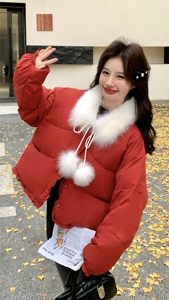 新款现！真狐狸毛保暖红色羽绒服外套2C133-6012-P285-K408图片