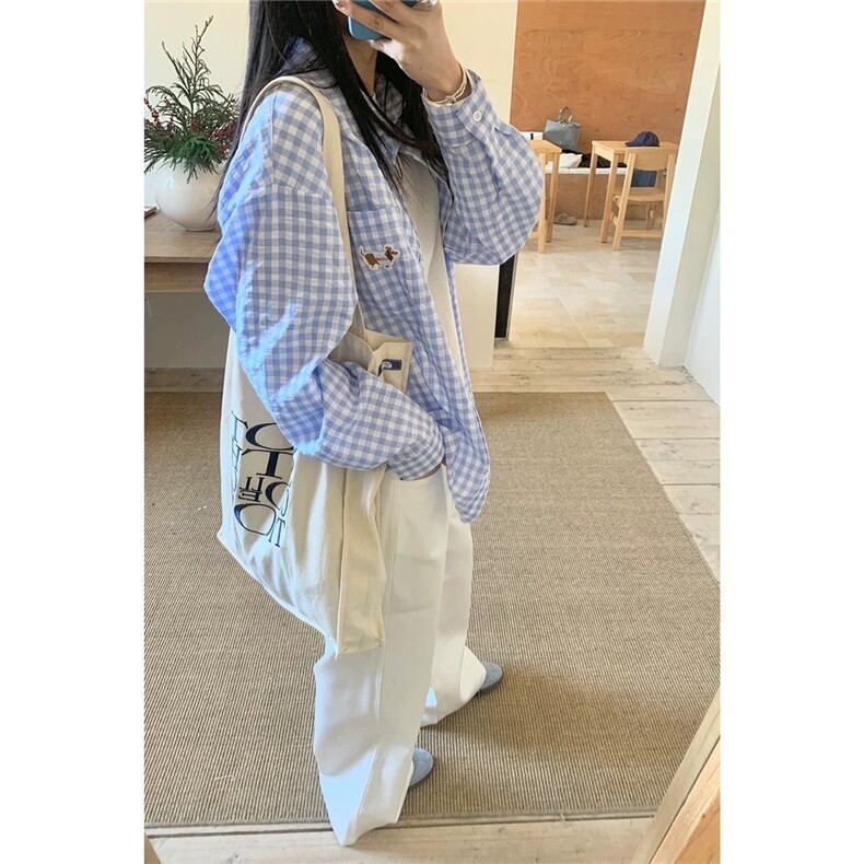 韩系休闲格子衬衫外套女春夏季小个子宽松慵懒风防晒外搭长袖衬衣,男装防晒衣,星座506A
