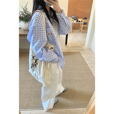 韩系休闲格子衬衫外套女春夏季小个子宽松慵懒风防晒外搭长袖衬衣，男装防晒衣，星座506A