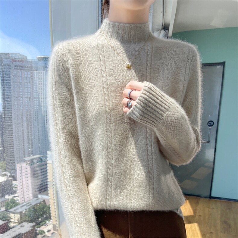 100%纯羊毛衫女半高领菱形扭花加厚针织衫毛衣宽松羊绒衫打底上衣,女装羊绒衫,昭美羊绒