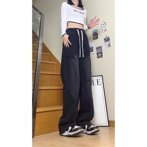 626#-P38抖音美式牛仔裤男女同款复古高街直筒休闲大码拖地裤图片