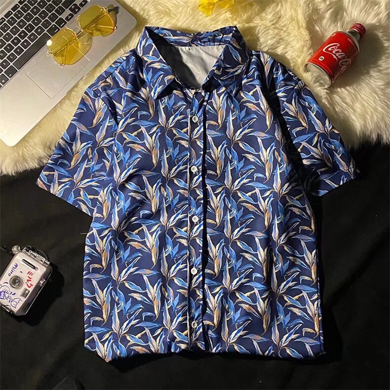 复古印花翻领丝简约文艺短袖衬衣清凉宽松短裤套装TZK07P50,男装休闲套装,星座1116-2