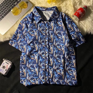 复古印花翻领丝简约文艺短袖衬衣清凉宽松短裤套装TZK07P50图片