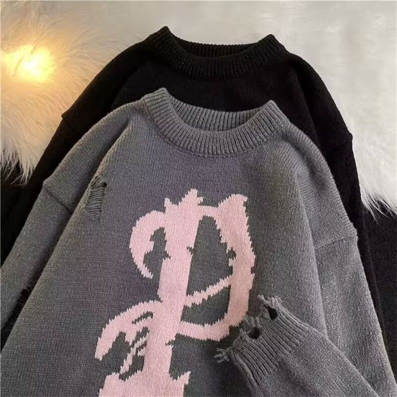 高级感破洞流苏套头美式复古秋冬季慵懒风破坏小众圆领套头针织衫图片