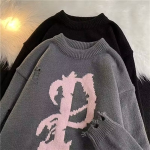 高级感破洞流苏套头美式复古秋冬季慵懒风破坏小众圆领套头针织衫图片