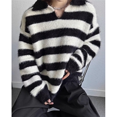 宽条纹POLO领毛衣男女仿貂绒毛衣男女冬季慵懒风撞色针织衫M7607，男装针织衫/毛衣，星座1116A（原606A-3）