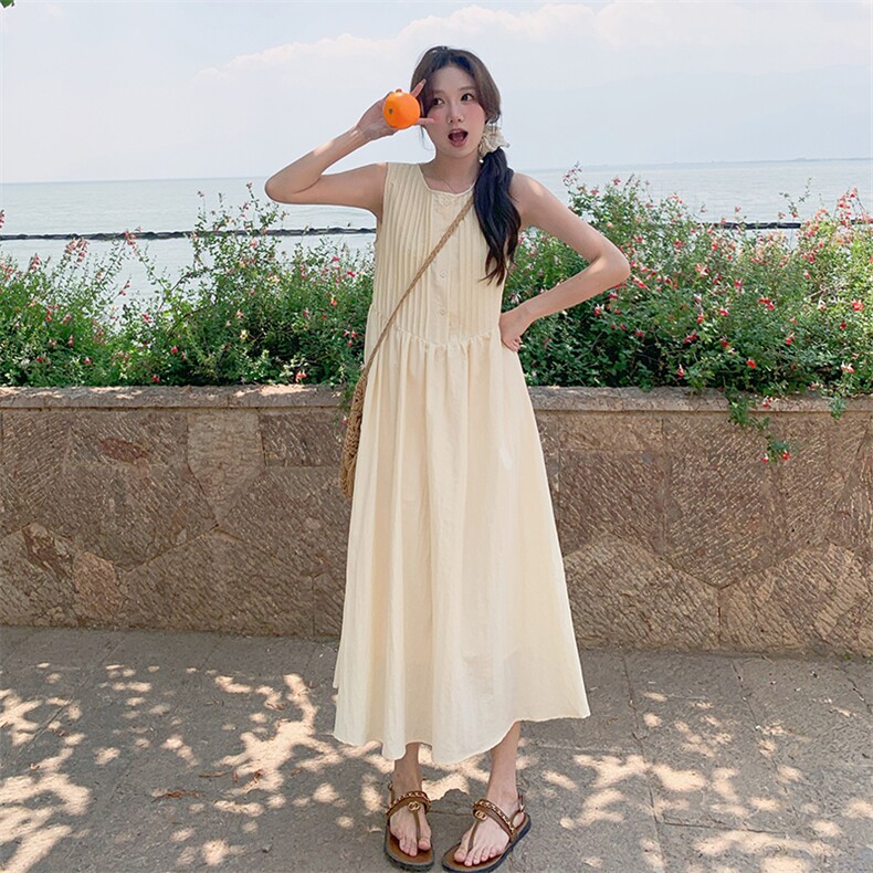 2024夏季新款韩版百搭时尚宽松连衣裙女无袖压褶显瘦背心长裙子潮,女装连衣裙,C位