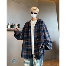 格子连帽衬衫男潮流设计高级感美式复古长袖格纹衬衣外套C21，男装衬衫，星座1116A-1（原606A）
