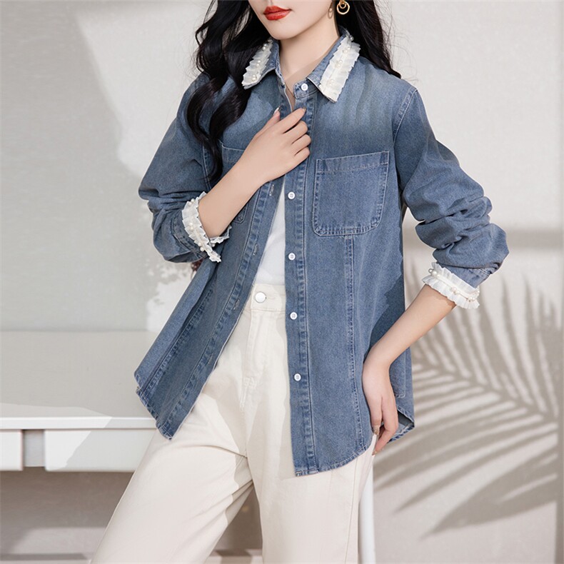 春季新款牛仔衬衫女长袖宽松显瘦钉珠装饰时尚百搭外套,女装短外套,3200格调