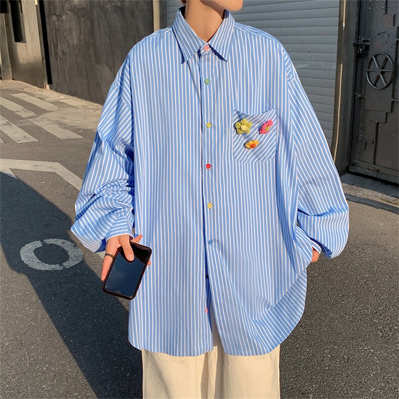 日系复古衬衫男设计感ins条纹衬衣秋季潮牌休闲情侣装W6344-P40,男装衬衫,星座512-2