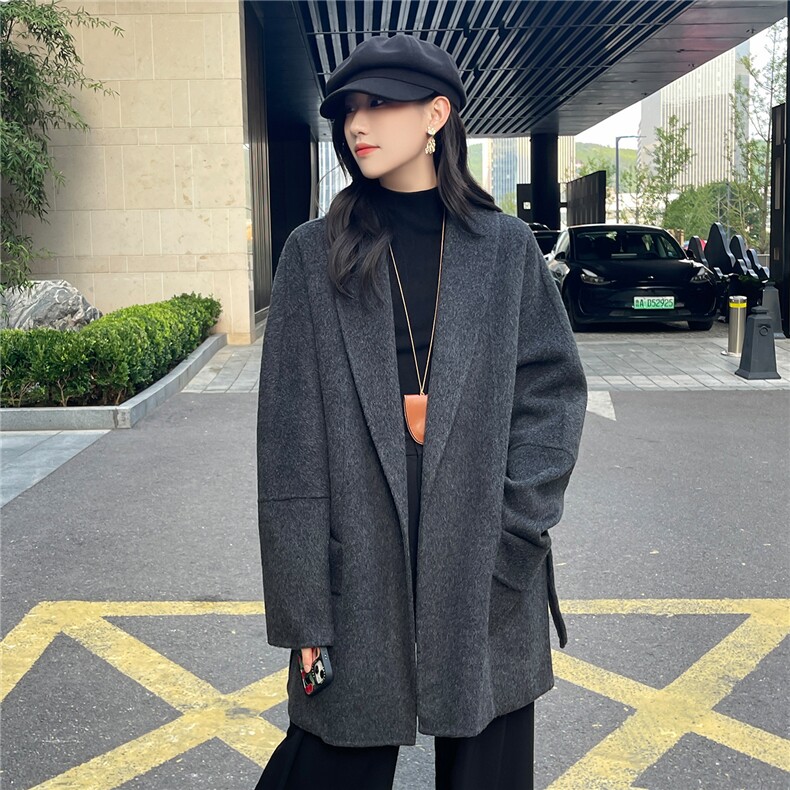 2025年秋季新款百搭女士带兜系带POLO领长袖中长款大衣,女装双面呢大衣,召鑫羊绒双面呢