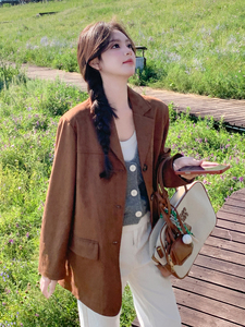美拉德麂皮绒西装外套女2025秋季新款韩系高级感气质复古短款上衣图片