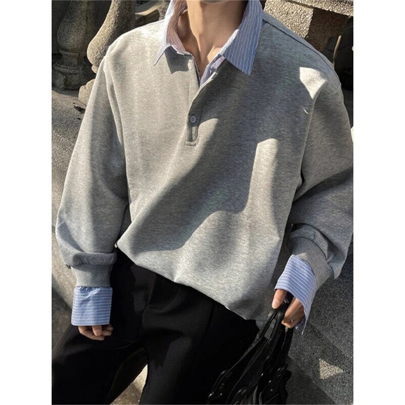 条纹拼接假两件卫衣男秋季美式cleanfit复古长袖衬衫潮牌情侣外套,男装卫衣,星座1116A（原606A-3）