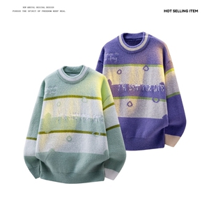 M8161/P65冬季美式时尚撞色条纹圆领?袖毛衣宽松休闲男女bf图片
