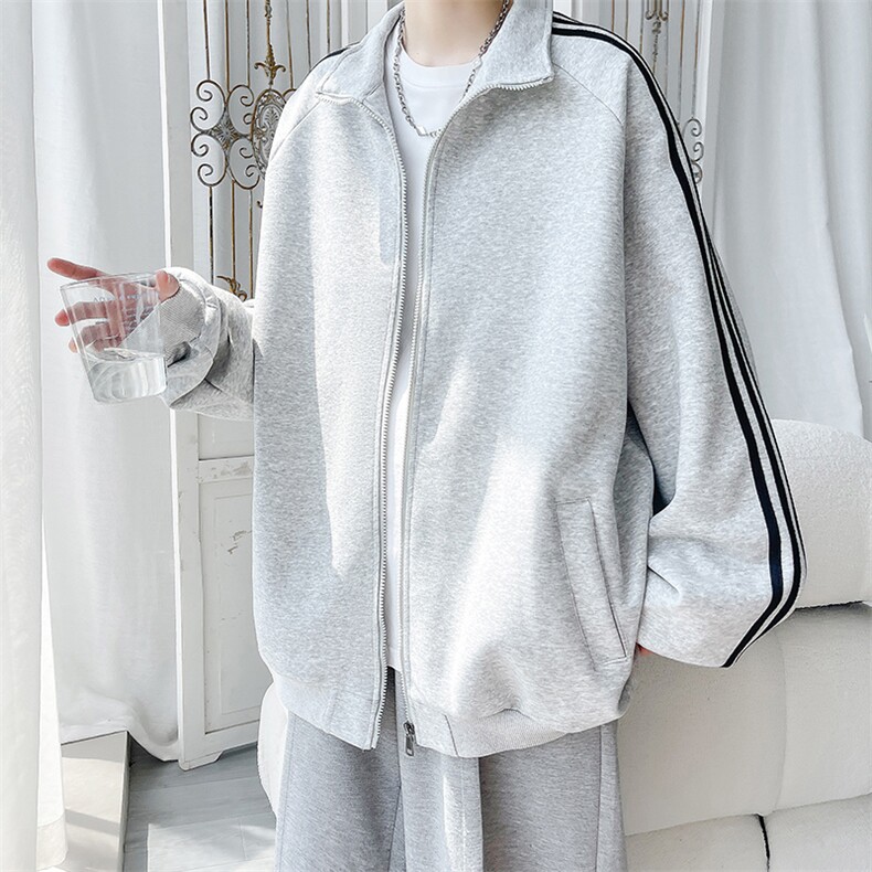 拼色三条杠撞色开衫卫衣大码宽松休闲立领外套W4602-P52【特价】,男装休闲套装,电商A007
