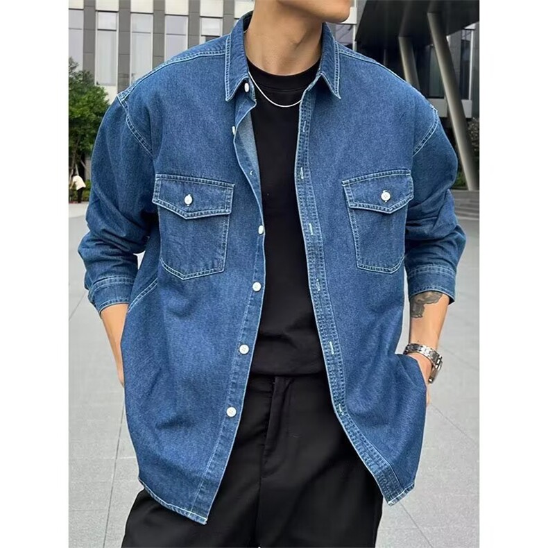 复古工装牛仔衬衫男高级感韩版宽松长袖上衣潮流百搭蓝色衬衣，男装衬衫，星座410-6（原星座1304-1）