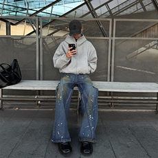 做旧泼墨牛仔裤男款美式高街痞帅小众宽松水洗阔腿长裤子3015P58，男装牛仔裤，星座410-2