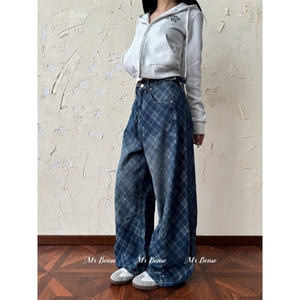 N53-P58 美式复古水洗贴布格纹弯刀牛仔裤男女bf休闲百搭拖地图片