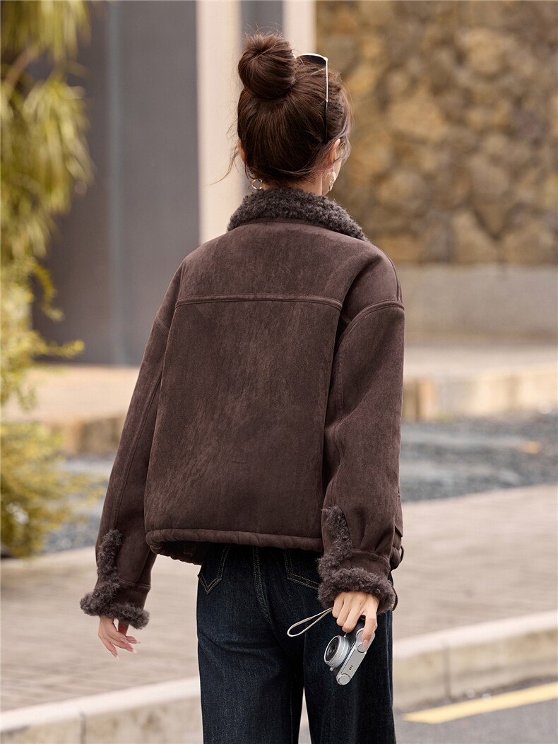 麂皮绒皮毛一体羊羔毛外套女秋冬2025新款机车服棉服,女装短外套,牡丹诺