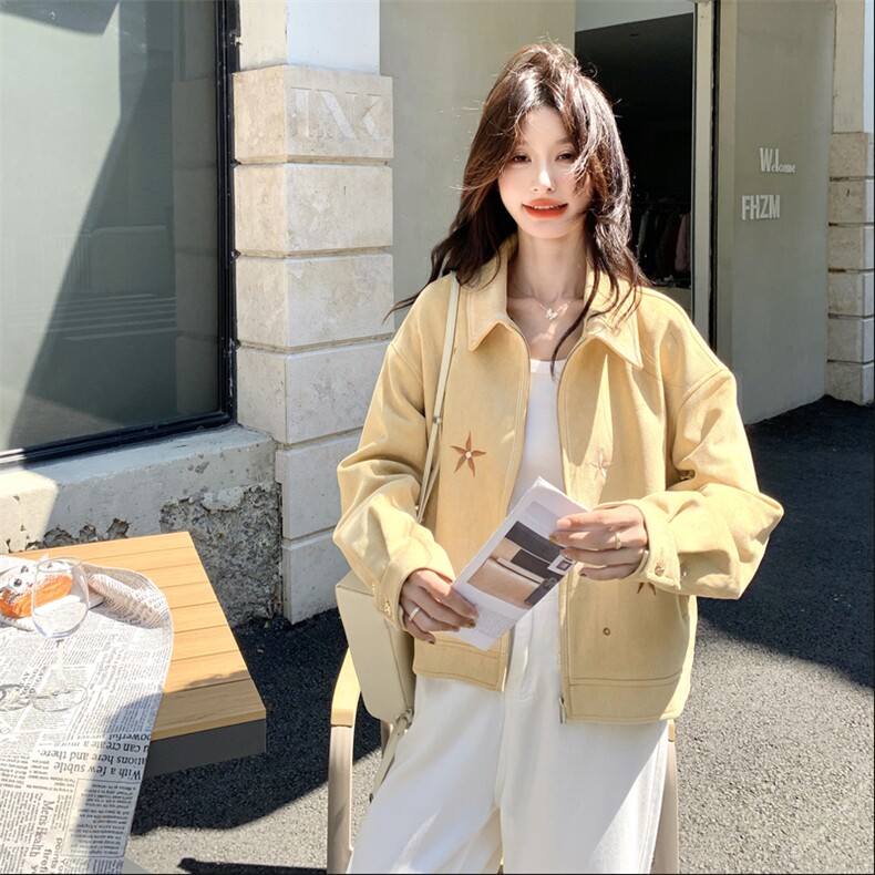 黄色麂皮绒短外套女2025秋季新款韩系设计感洋气减龄刺绣夹克上衣,女装短外套,2C198