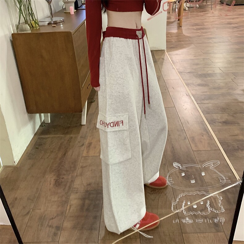 AK2466-P50 美式卫裤运动工装裤女灰色复古宽松直筒阔腿休闲裤子图片