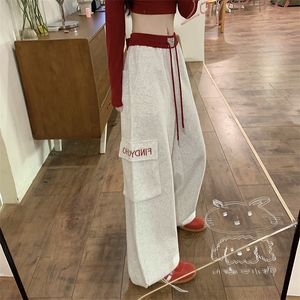 AK2466-P50 美式卫裤运动工装裤女灰色复古宽松直筒阔腿休闲裤子图片