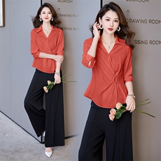 2024秋年法式通勤洋气V领修身衬衣气质垂感直筒百搭阔腿裤两件套，女装套装/套裙，火爆靓佳人
