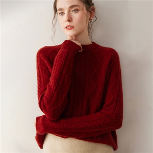 新款短款绞花圆领针织套头上衣时尚百搭，女装针织衫/毛衣，广悦羊绒