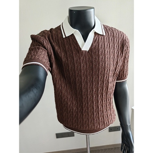 盗图老钱风海鸥领提花撞色冰丝针织短袖POLO衫H91048/P58控88图片